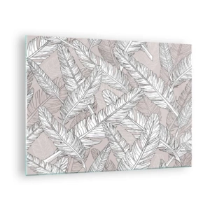 Quadro em vidro - Folhas pretas e brancas sobre fundo bege em estilo gráfico - 70x50cm - Turbilhão de penas - Decoração de parede moderna para a sala de estar e quarto ARTTOR