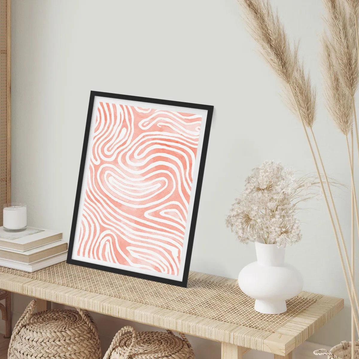Pôster com moldura preta - Linhas abstratas em tons de salmão e branco - 50x70cm - No labirinto de corais - Decoração de parede moderna para a sala de estar e quarto ARTTOR