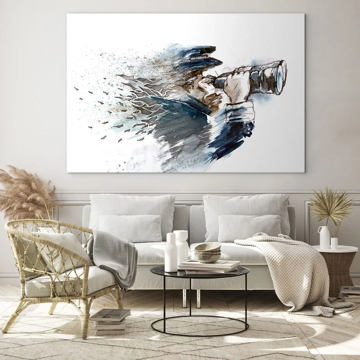 Quadro em vidro - Um homem com binóculos em uma composição dinâmica de aquarela - 70x50cm - Dez na escala Beaufort! - Decoração de parede moderna para a sala de estar e quarto ARTTOR