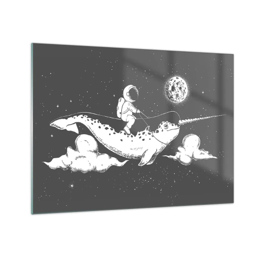 Quadro em vidro - Astronauta cavalgando um narval em um ambiente espacial - 70x50cm - Cavaleiro Espacial - Decoração de parede moderna para a sala de estar e quarto ARTTOR