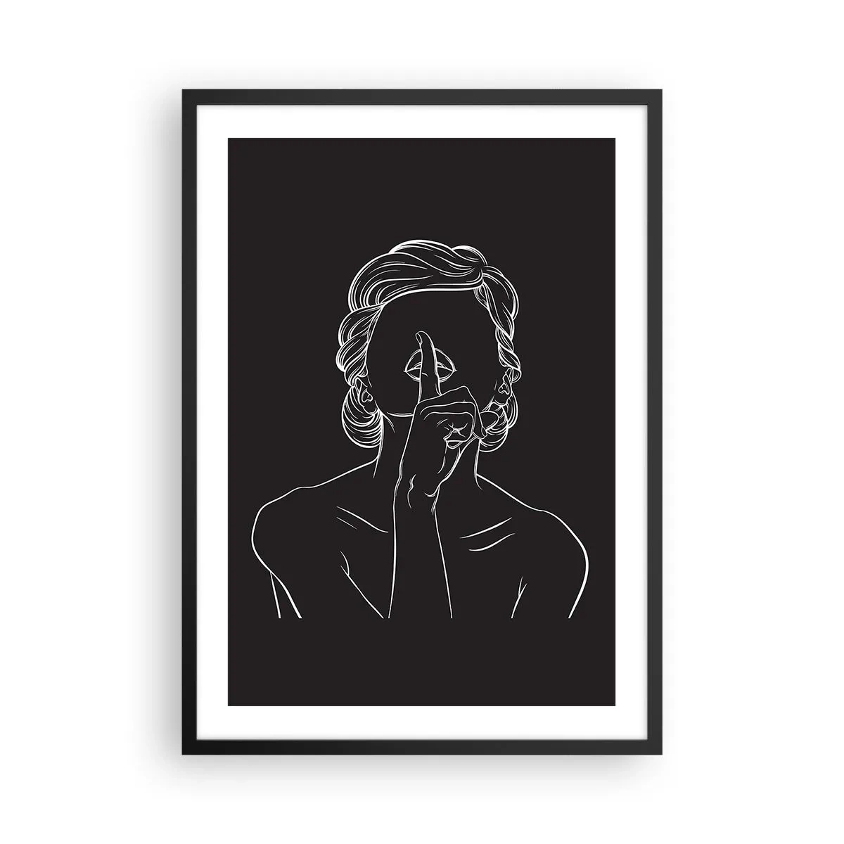 Pôster com moldura preta - Uma ilustração minimalista de uma mulher fazendo um gesto de silêncio contra um fundo preto. - 50x70cm - A beleza floresce em silêncio - Decoração de parede moderna para a sala de estar e quarto ARTTOR