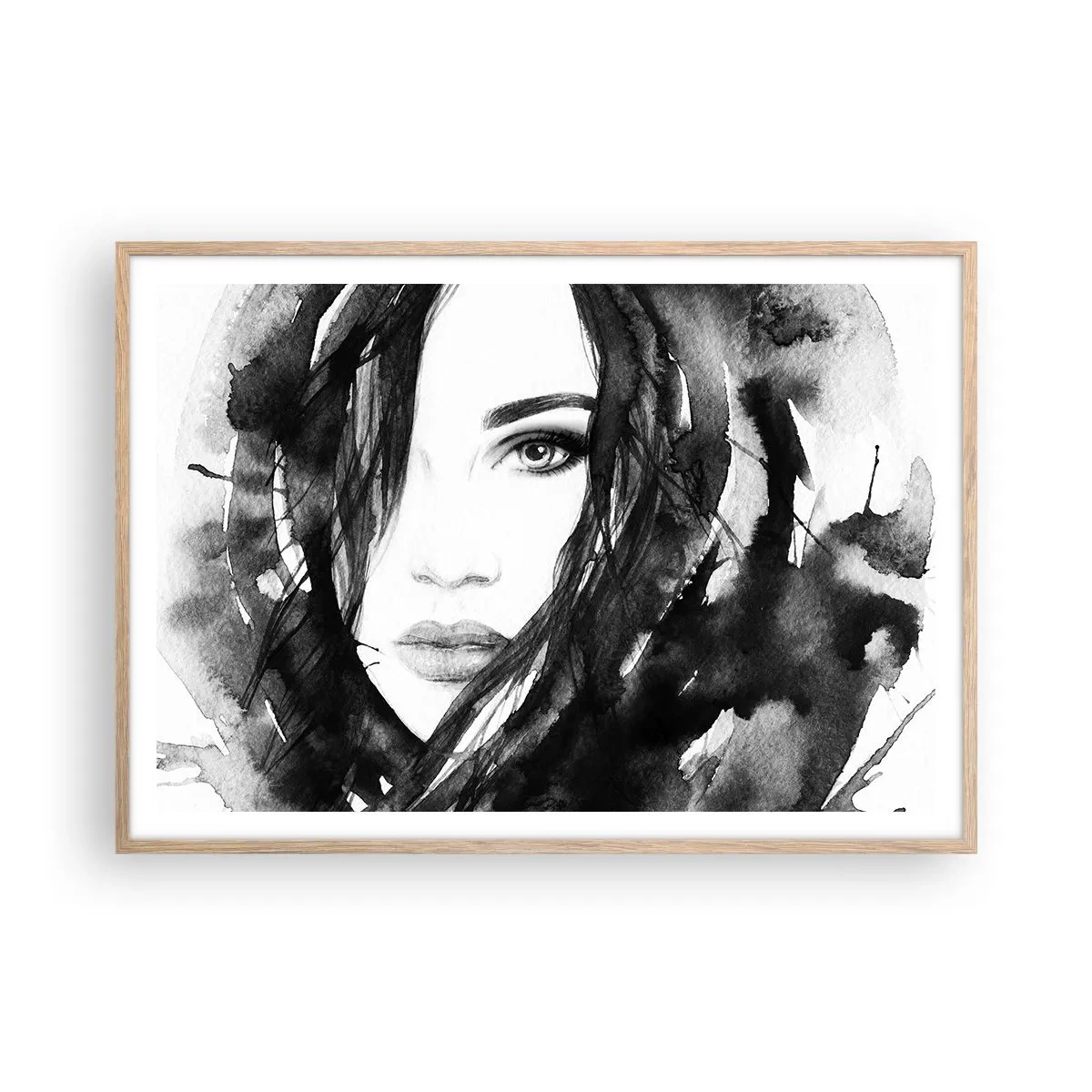 Pôster com moldura de carvalho claro - Retrato de uma dama a preto e branco - 100x70 cm