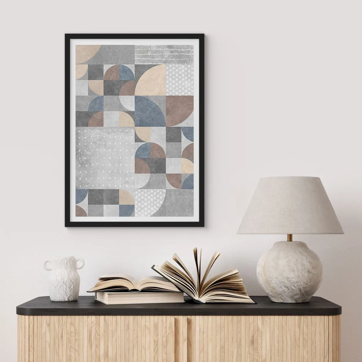Pôster com moldura preta - Padrão geométrico em tons de cinza e azul - 50x70cm - Fantasia cerâmica - Decoração de parede moderna para a sala de estar e quarto ARTTOR