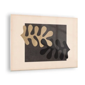 Quadro em vidro - Formas abstratas em preto e bege sobre um fundo geométrico - 70x50cm - Ausência e complemento - Decoração de parede moderna para a sala de estar e quarto ARTTOR