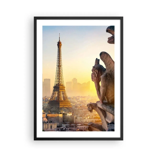 Pôster com moldura preta - Uma vista da Torre Eiffel ao nascer do sol com uma perspectiva das gárgulas de pedra - 50x70cm - Muita coisa mudou... - Decoração de parede moderna para a sala de estar e quarto ARTTOR