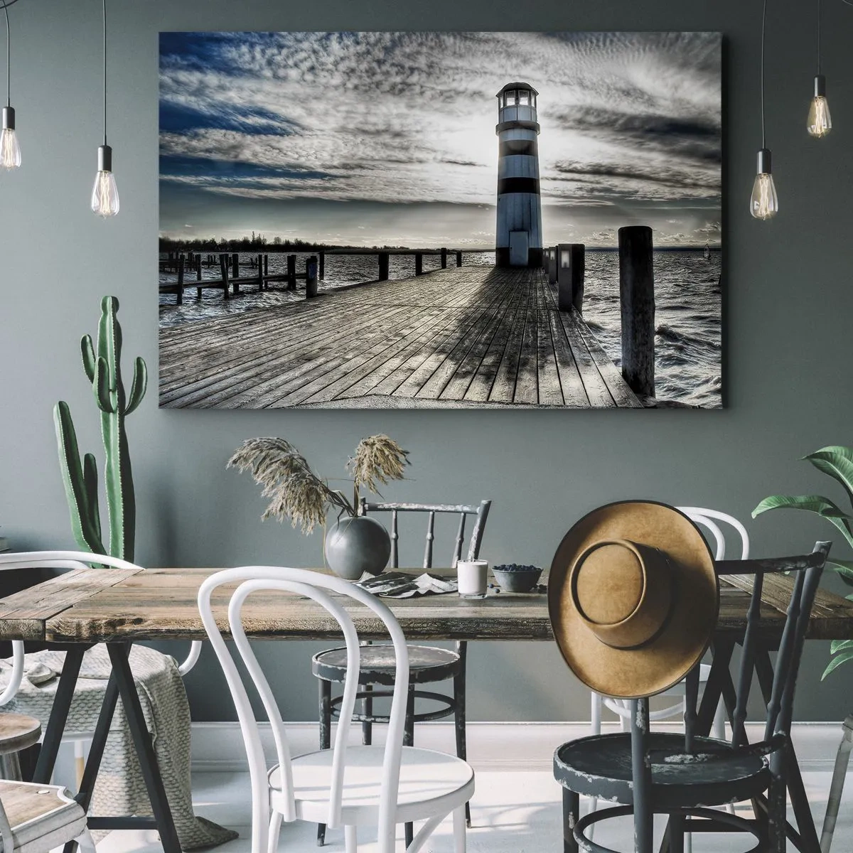 Quadro em tela - Farol em um píer de madeira com vista para o mar. - 70x50cm - Marinheiros, aguardo ansiosamente - Decoração de parede moderna para a sala de estar e quarto ARTTOR