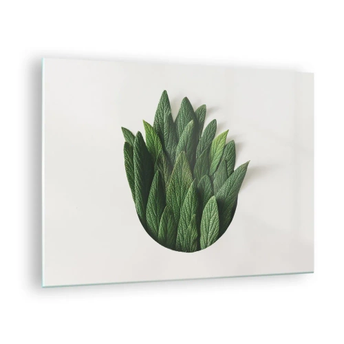 Quadro em vidro - Folhas verdes dispostas em forma de vaso sobre fundo branco - 70x50cm - Curiosidade indomável - Decoração de parede moderna para a sala de estar e quarto ARTTOR