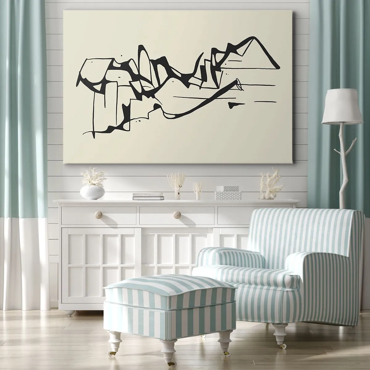 Quadro em tela - Desenho abstrato de montanhas em preto e branco - 70x50cm - Talvez uma paisagem - Decoração de parede moderna para a sala de estar e quarto ARTTOR