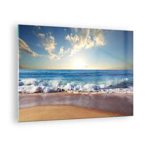 Quadro em vidro - Ondas do oceano quebrando em uma praia dourada ao nascer do sol - 70x50cm - Movimento e quietude ao mesmo tempo - Decoração de parede moderna para a sala de estar e quarto ARTTOR