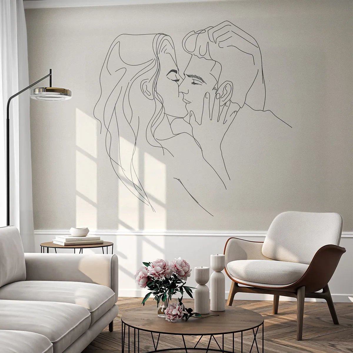 Papel de Parede Premium Canvas - Emaranhados pelo sentimento - Gráficos, Casal apaixonado, Beijo - 100x70 cm