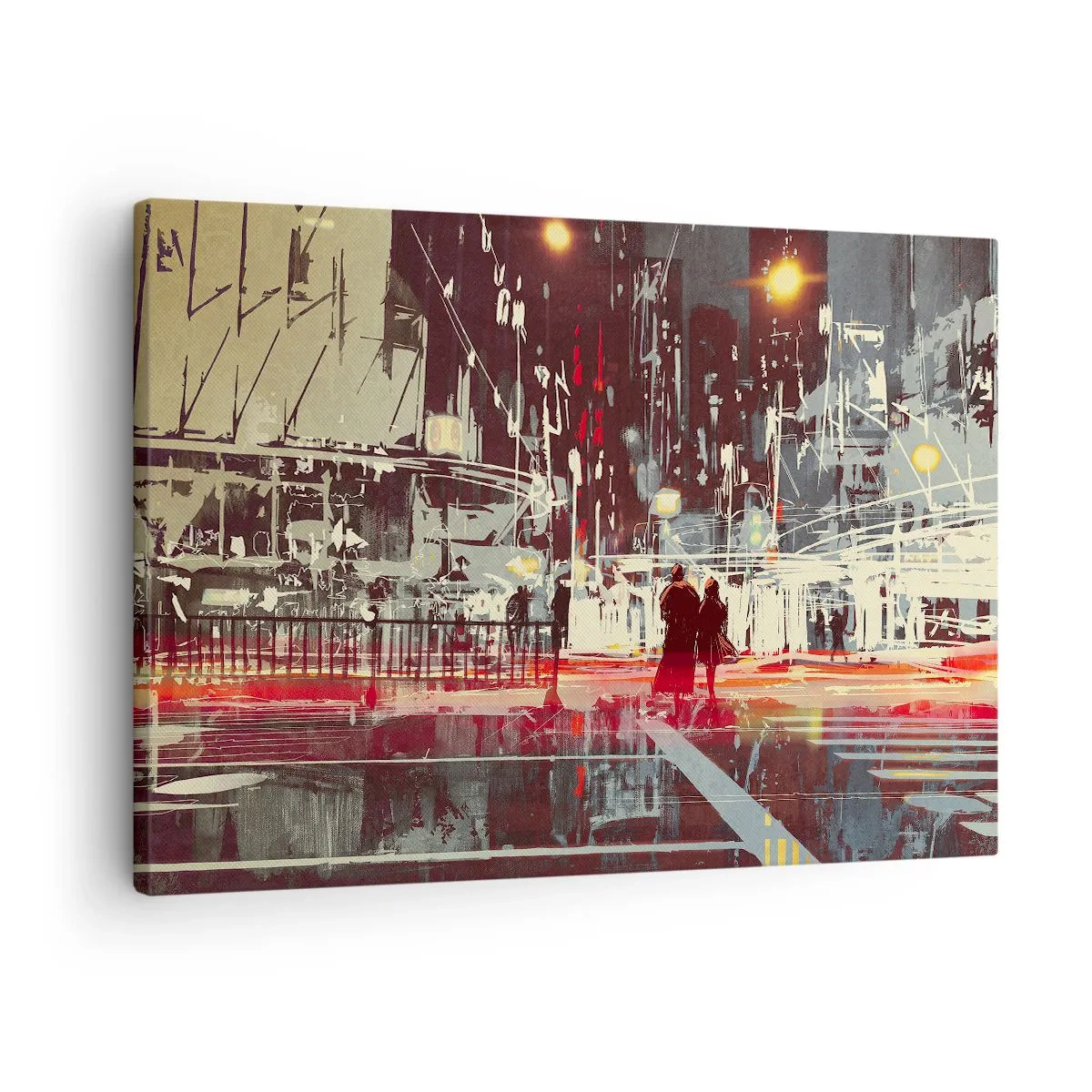 Quadro em tela - Cidade à noite com luzes de neon e silhuetas de pessoas na rua - 70x50cm - Travessia metropolitana - Decoração de parede moderna para a sala de estar e quarto ARTTOR