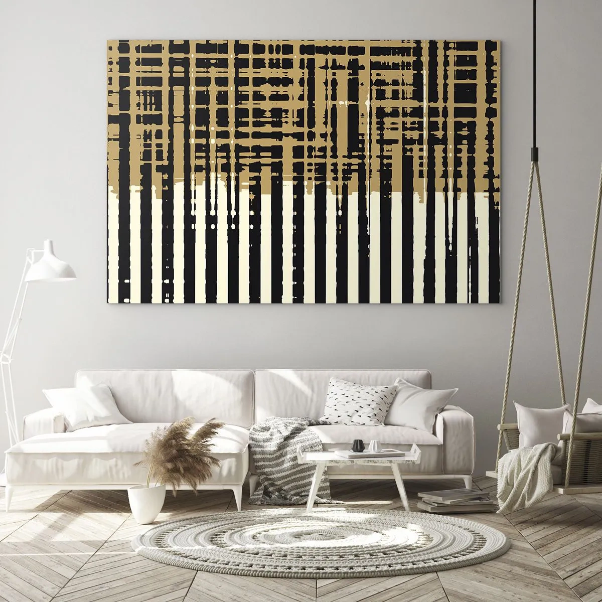 Quadro em vidro - Listras e linhas geométricas em tons de preto e dourado - 70x50cm - Abstração arquitetónica - Decoração de parede moderna para a sala de estar e quarto ARTTOR