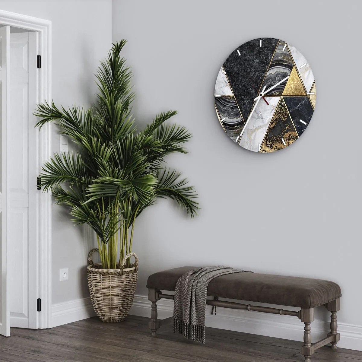 Relógio de parede - Relógio em vidro - Triângulos de ouro e mármore em um mosaico geométrico - 30x30cm - Pedra por pedra - Decoração de parede moderna para a sala de estar, cozinha e quarto ARTTOR
