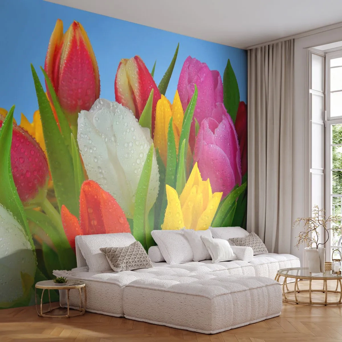 Papel de Parede Autocolante Deluxe Sticker - Arco-íris floral em gotas de orvalho - Tulipas, Flores, Buquê de flores - 250x175 cm