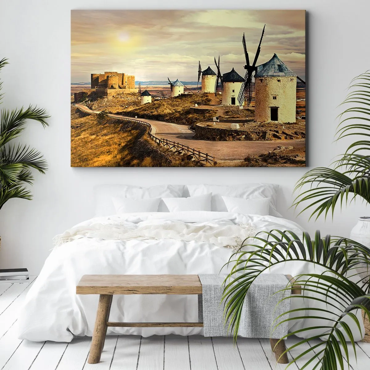 Quadro em tela - Moinhos de vento nas colinas com um castelo histórico ao fundo - 70x50cm - Dom Quixote está prestes a aparecer - Decoração de parede moderna para a sala de estar e quarto ARTTOR