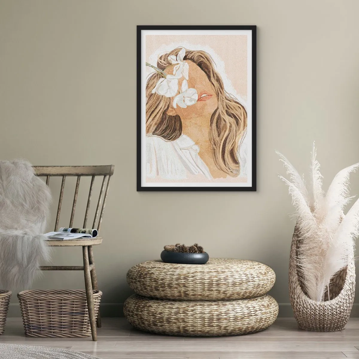 Pôster com moldura preta - Retrato de uma mulher com flores cobrindo o rosto - 50x70cm - Entre as flores em êxtase - Decoração de parede moderna para a sala de estar e quarto ARTTOR