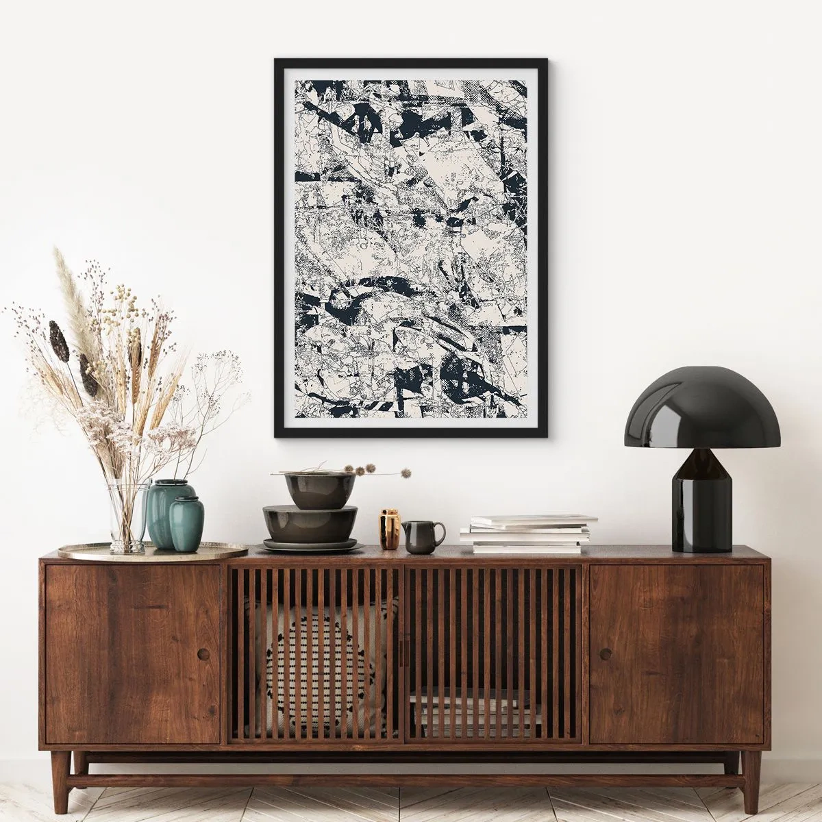 Pôster com moldura preta - Composição texturizada abstrata em preto e branco - 50x70cm - Interpenetração de opostos - Decoração de parede moderna para a sala de estar e quarto ARTTOR