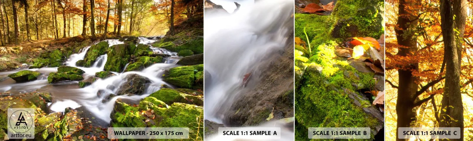 Amostra de papel de parede autocolante Deluxe Sticker - Pela floresta de outono - Paisagem, Floresta, córrego da montanha - 100x30 cm