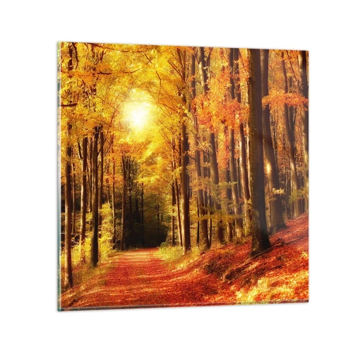 Quadro em vidro - Outono dourado na estrada da floresta - 30x30 cm