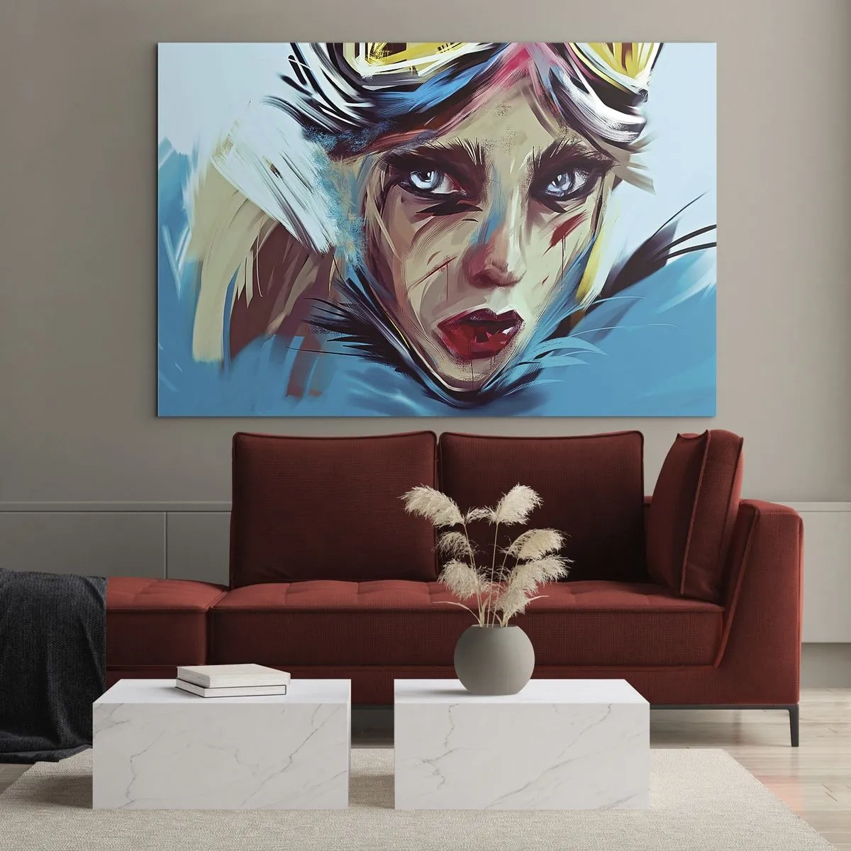 Quadro em vidro - Retrato de uma mulher com óculos e pinceladas azuis - 70x50cm - A guerreira das estradas - Decoração de parede moderna para a sala de estar e quarto ARTTOR