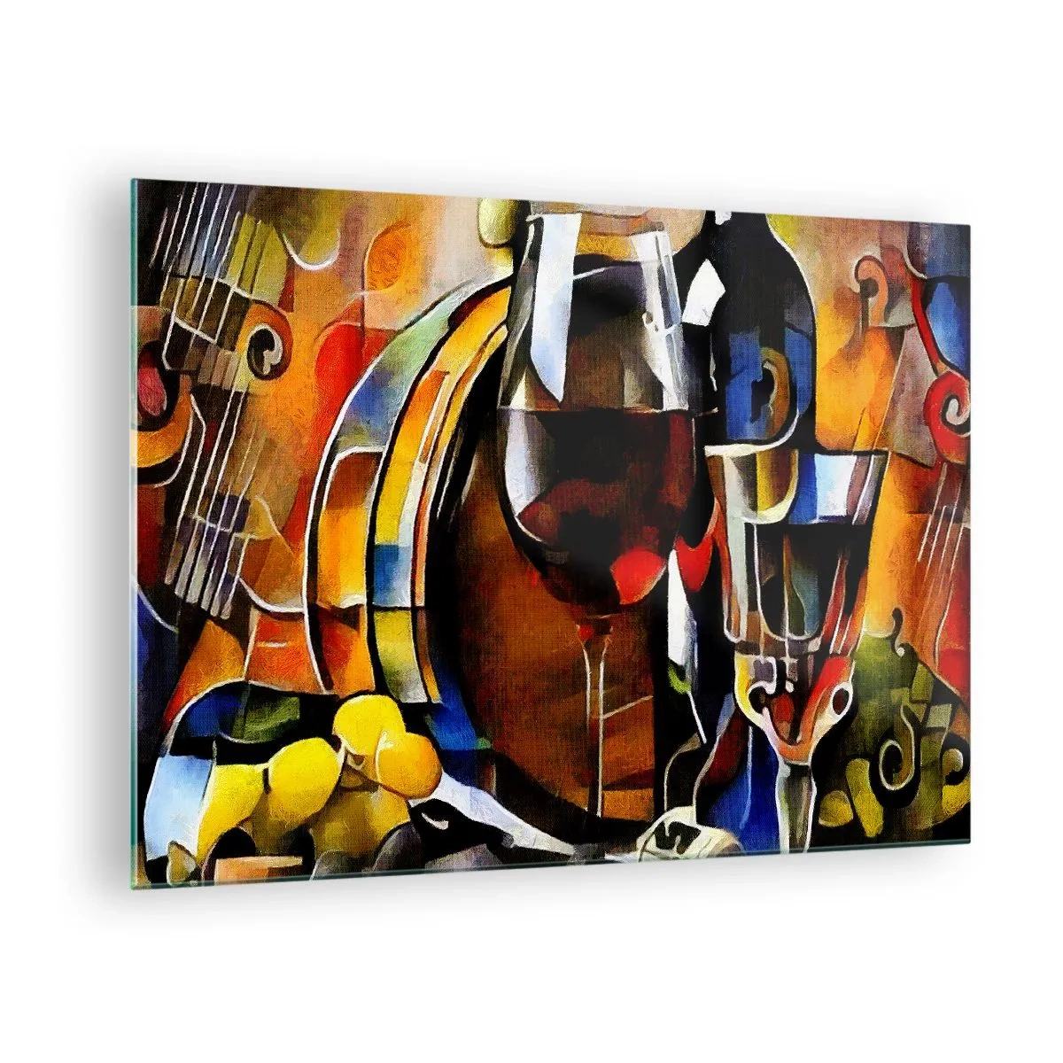 Quadro em vidro - Composição abstrata com taças de vinho e instrumentos - 70x50cm - E o mundo ganha cor - Decoração de parede moderna para a sala de estar e quarto ARTTOR