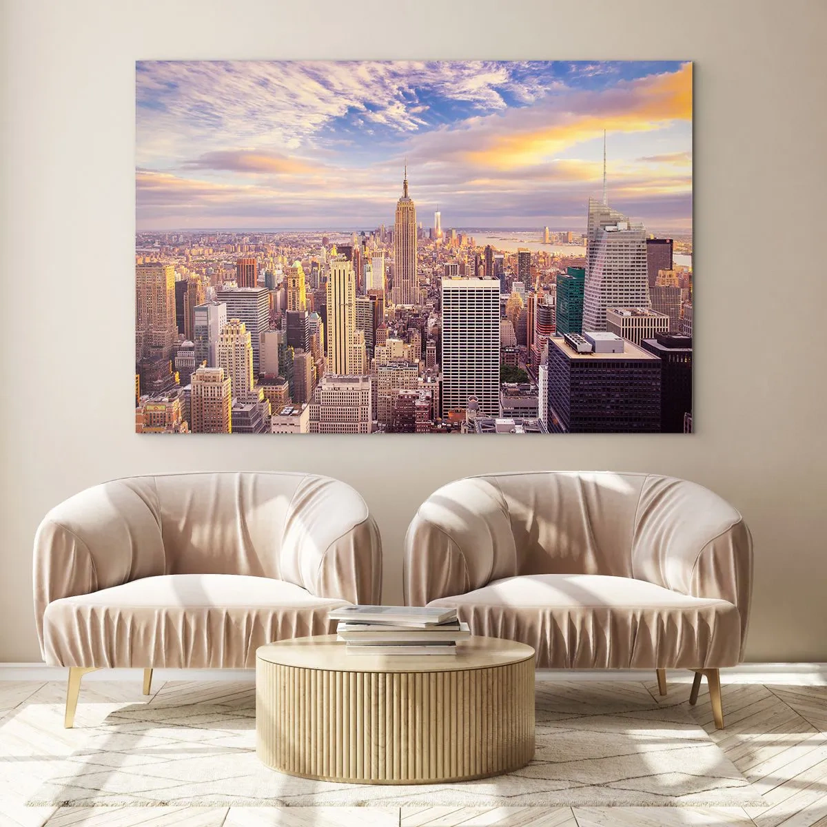 Quadro em vidro - Panorama da cidade com arranha-céus ao pôr do sol - 70x50cm - Alcançar as nuvens - Decoração de parede moderna para a sala de estar e quarto ARTTOR