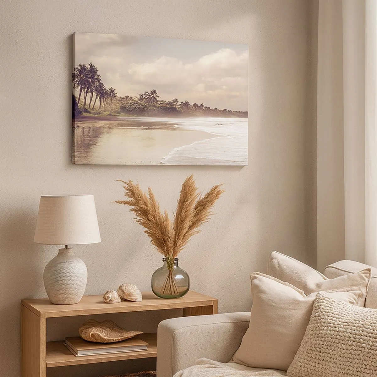 Quadro em tela - Uma praia com palmeiras e ondas suaves pela manhã - 70x50cm - Carícia das ondas - Decoração de parede moderna para a sala de estar e quarto ARTTOR