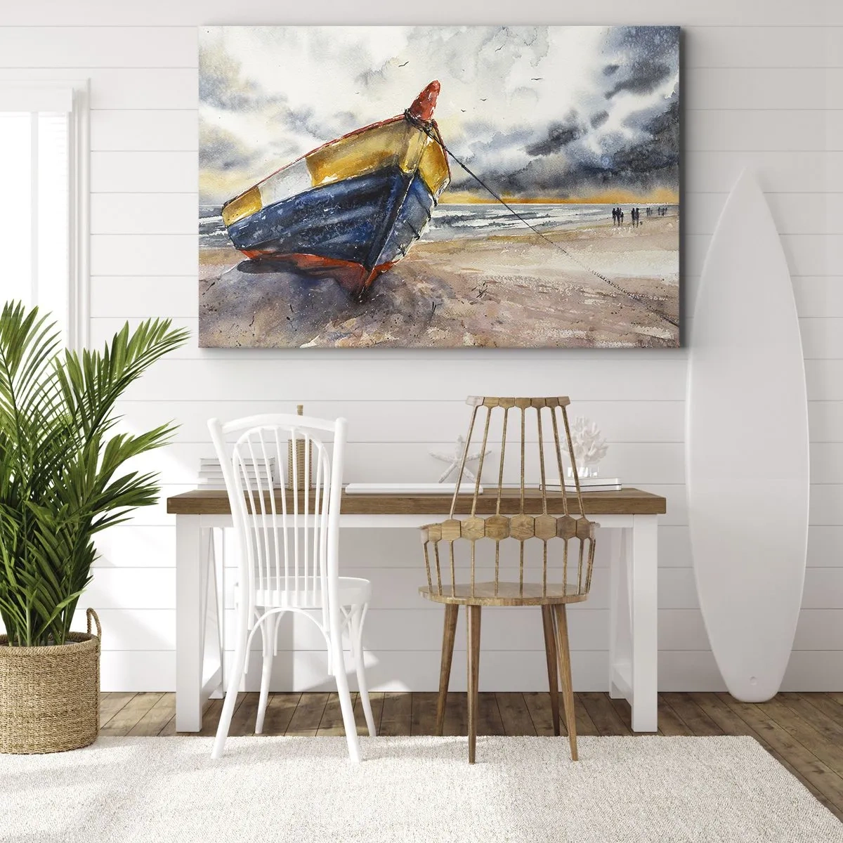 Quadro em tela - Um barco pitoresco na praia sob um céu nublado - 70x50cm - Descanse na costa - Decoração de parede moderna para a sala de estar e quarto ARTTOR