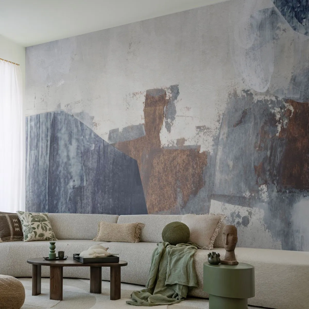 Papel de Parede Standard Eco - Abstração geométrica em tons de azul e marrom - 100x70cm - Formas azuis e marrons - Decoração de parede moderna para a sala de estar e quarto ARTTOR