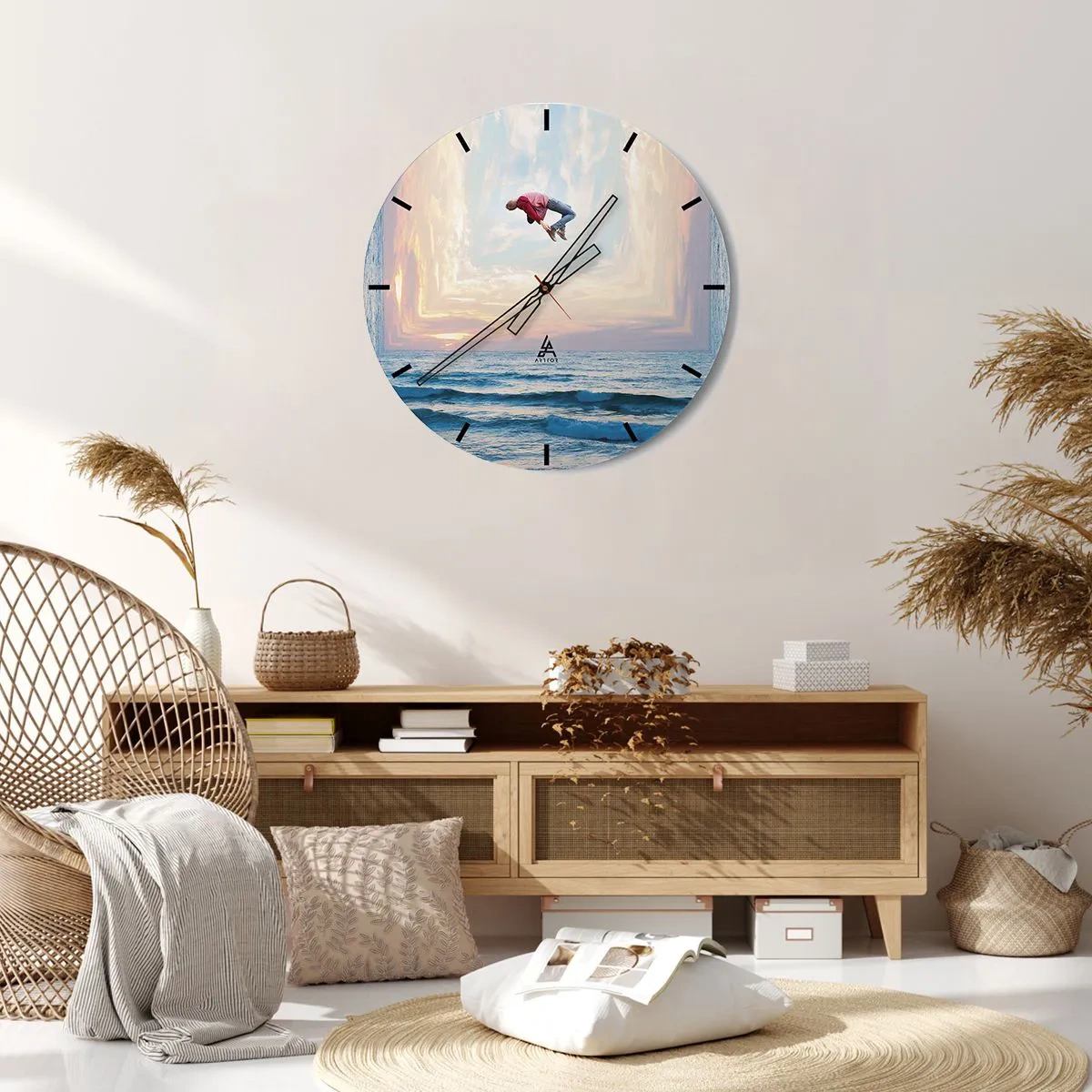 Relógio de parede - Relógio em vidro - Uma figura saltitante à beira-mar em uma paisagem surreal - 30x30cm - Para outra dimensão - Decoração de parede moderna para a sala de estar, cozinha e quarto ARTTOR