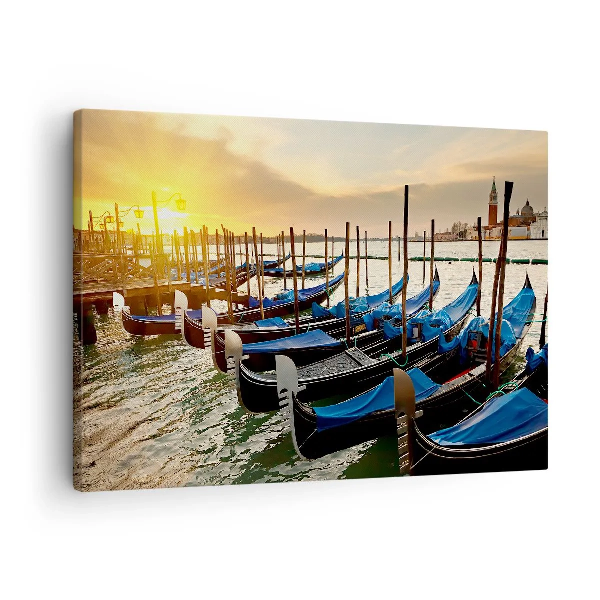Quadro em tela - Gôndolas em Veneza pela manhã à luz do sol nascente - 70x50cm - Antes que o burburinho chegue - Decoração de parede moderna para a sala de estar e quarto ARTTOR