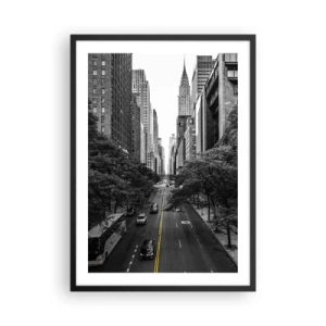Pôster com moldura preta - Panorama da cidade em preto e branco com uma linha amarela na estrada - 50x70cm - Manhã em Nova Iorque - Decoração de parede moderna para a sala de estar e quarto ARTTOR