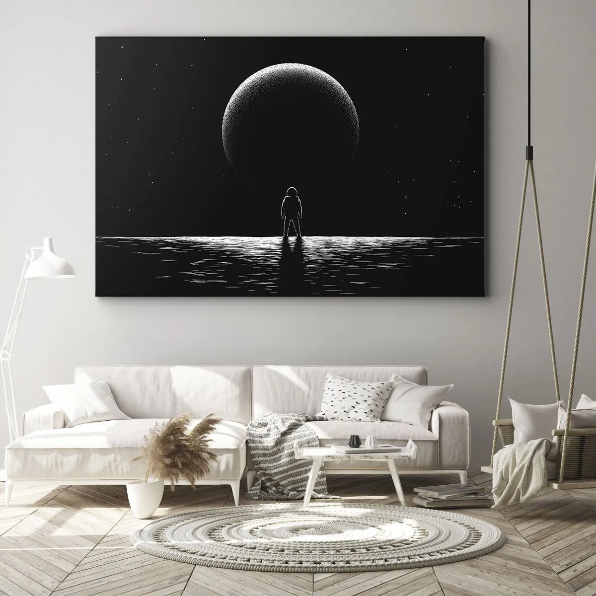 Quadro em tela - Um astronauta tendo como pano de fundo um grande planeta no espaço sideral - 70x50cm - Cara a cara - Decoração de parede moderna para a sala de estar e quarto ARTTOR