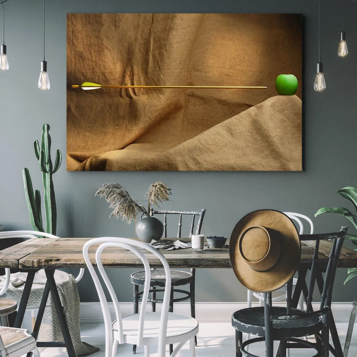 Quadro em tela - Maçã verde sobre tecido com uma flecha criando uma composição - 70x50cm - Invocando o espírito de Wilhelm Tell - Decoração de parede moderna para a sala de estar e quarto ARTTOR