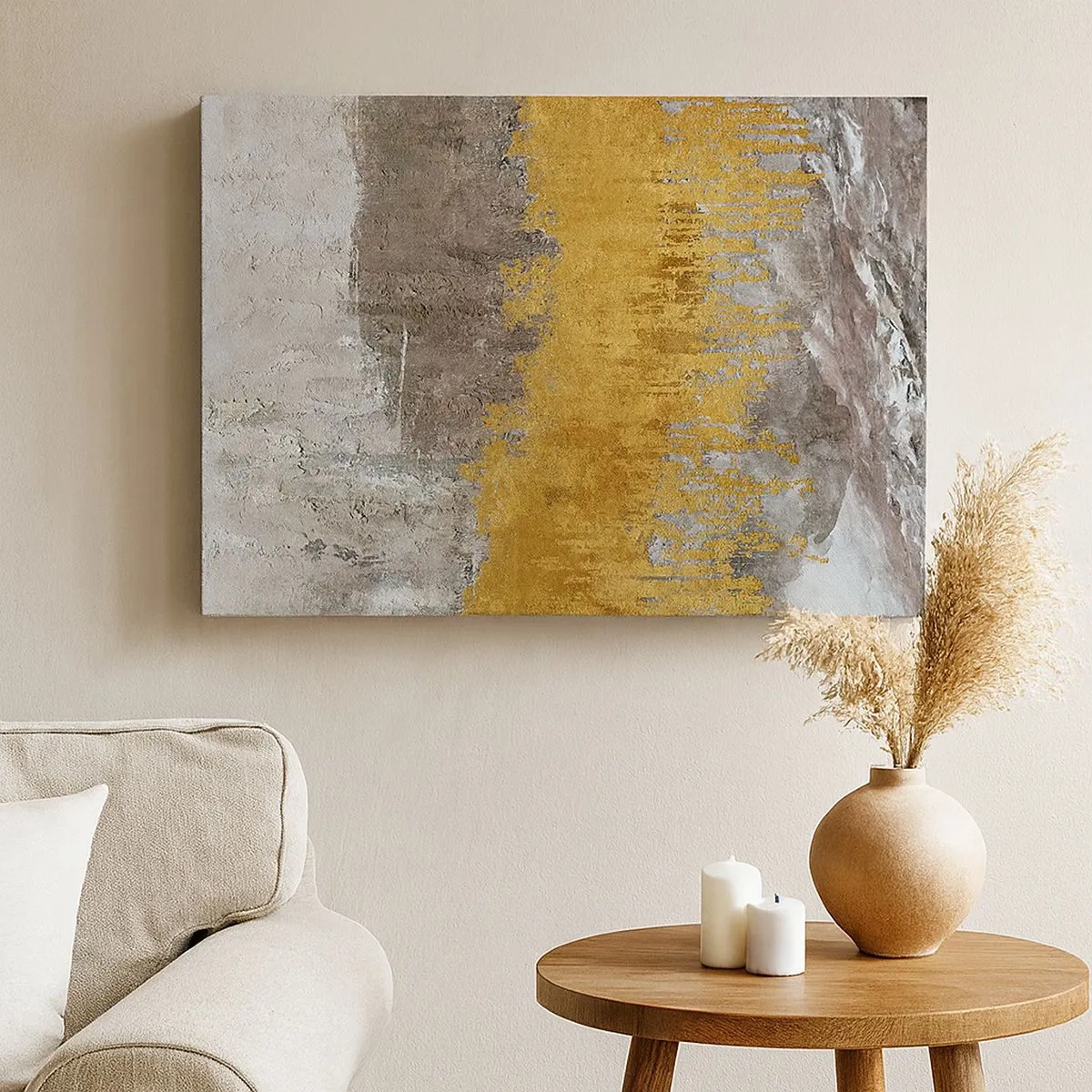 Quadro em tela - Padrão abstrato dourado e bege - 70x50cm - Uma explosão dourada - Decoração de parede moderna para a sala de estar e quarto ARTTOR