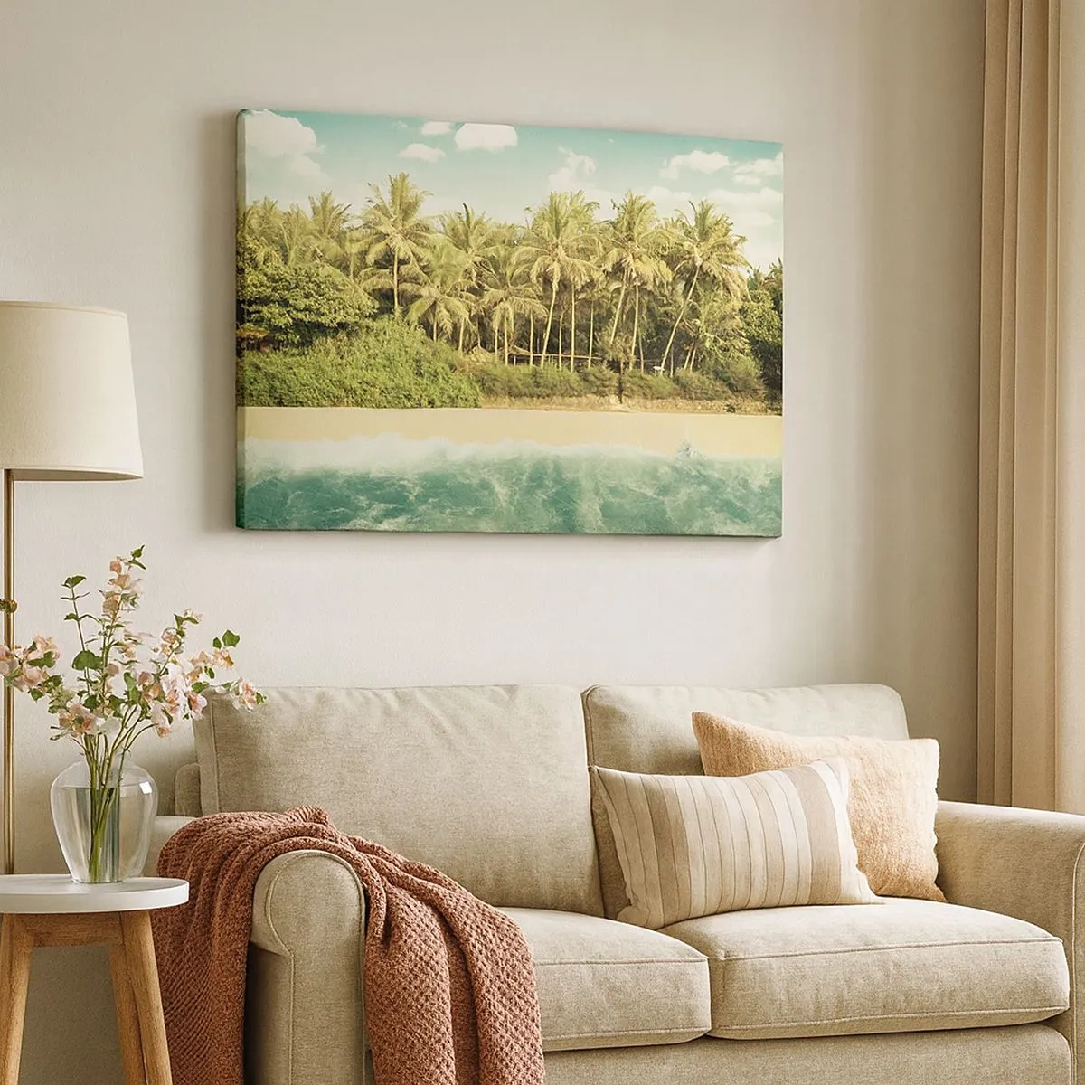 Quadro em tela - Praia tropical com palmeiras e mar azul-turquesa - 70x50cm - Ou talvez aqui? - Decoração de parede moderna para a sala de estar e quarto ARTTOR