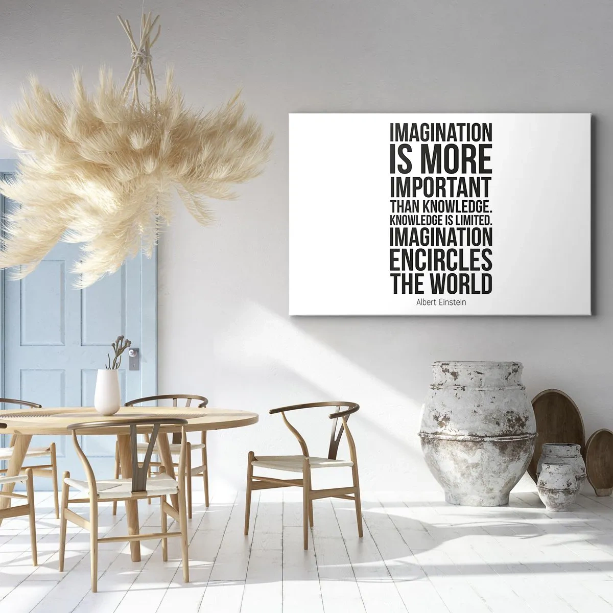 Quadro em tela - Citação inspiradora em fundo branco em fonte preta - 70x50cm - Einstein sobre o poder da imaginação - Decoração de parede moderna para a sala de estar e quarto ARTTOR