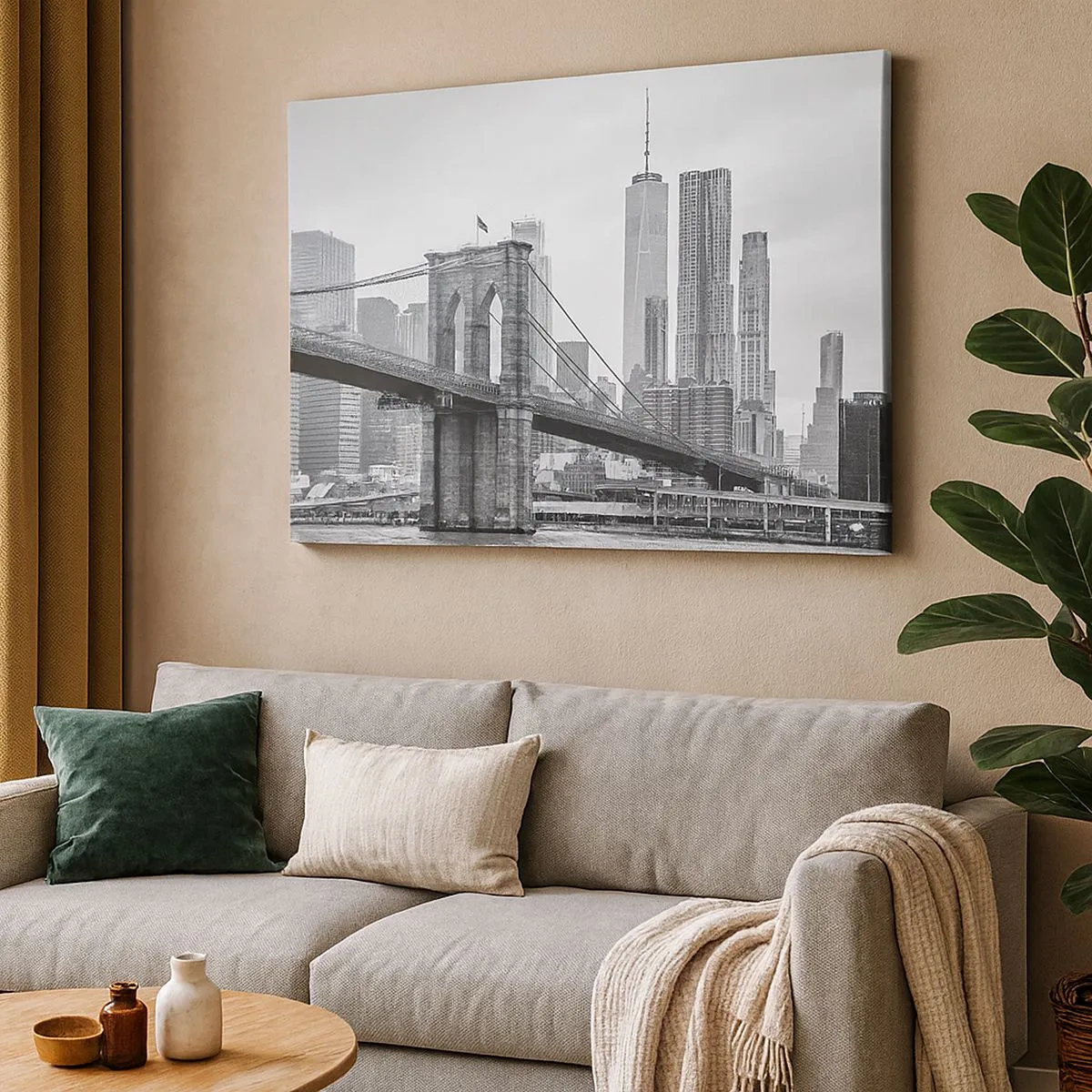 Quadro em tela - Ponte do Brooklyn com arranha-céus de Nova York ao fundo - 70x50cm - Vibrações de Nova York - Decoração de parede moderna para a sala de estar e quarto ARTTOR