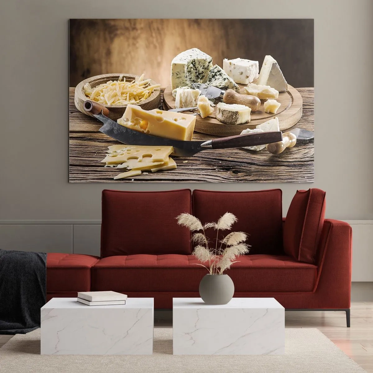 Quadro em vidro - Tábua de queijos com faca sobre mesa rústica - 70x50cm - Sorria para o queijo - Decoração de parede moderna para a sala de estar e quarto ARTTOR