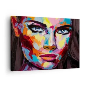 Quadro em tela - Um retrato abstrato colorido de uma mulher em cores intensas. - 70x50cm - A alma também é colorida - Decoração de parede moderna para a sala de estar e quarto ARTTOR