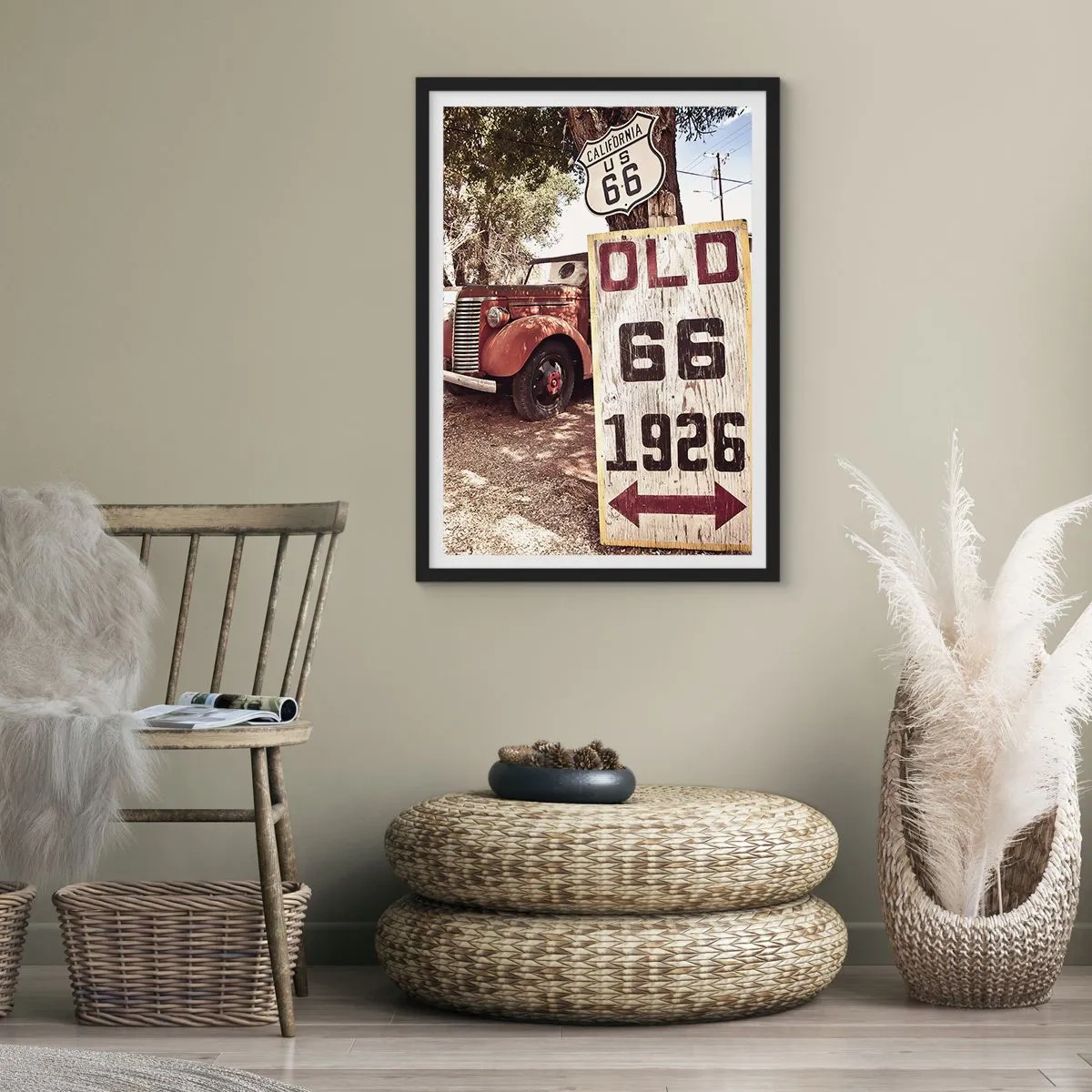 Pôster com moldura preta - Veterano na placa da Rota 66 - 50x70cm - A lenda de uma província americana - Decoração de parede moderna para a sala de estar e quarto ARTTOR