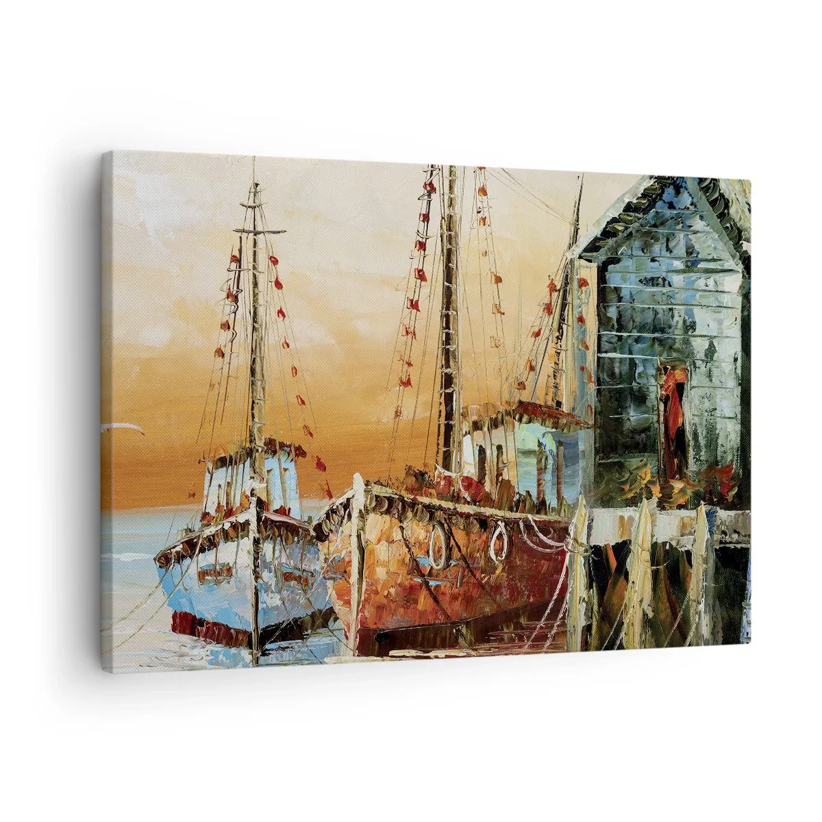 Quadro em tela - Barcos na praia sob a luz quente do pôr do sol - 70x50cm - Um regresso tranquilo - Decoração de parede moderna para a sala de estar e quarto ARTTOR