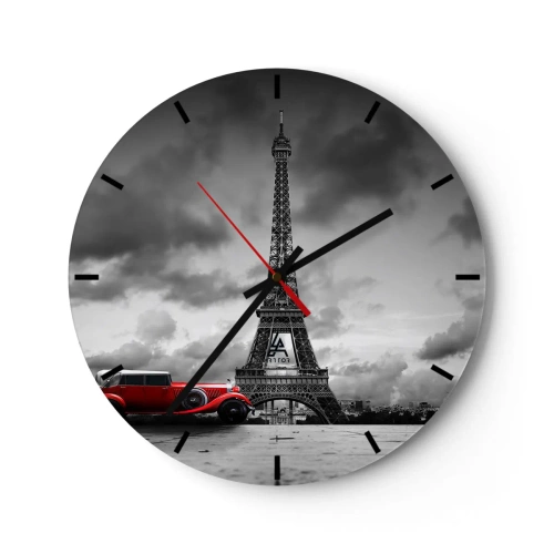 Relógio de parede - Relógio em vidro - A Torre Eiffel com um carro retrô vermelho - 30x30cm - Não há muito tempo atrás em Paris - Decoração de parede moderna para a sala de estar, cozinha e quarto ARTTOR