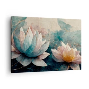 Quadro em tela - Nenúfares sutis em tons pastéis de azul e dourado - 70x50cm - Estrelas do lago - Decoração de parede moderna para a sala de estar e quarto ARTTOR