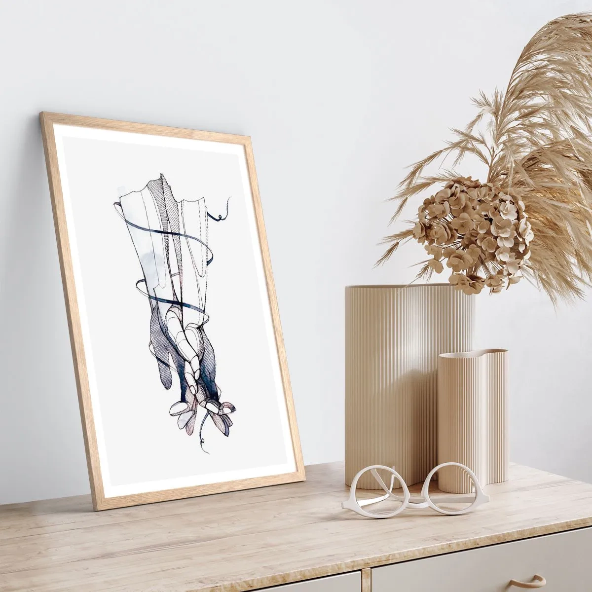 Pôster com moldura de carvalho claro - Estudo do toque - 61x91 cm