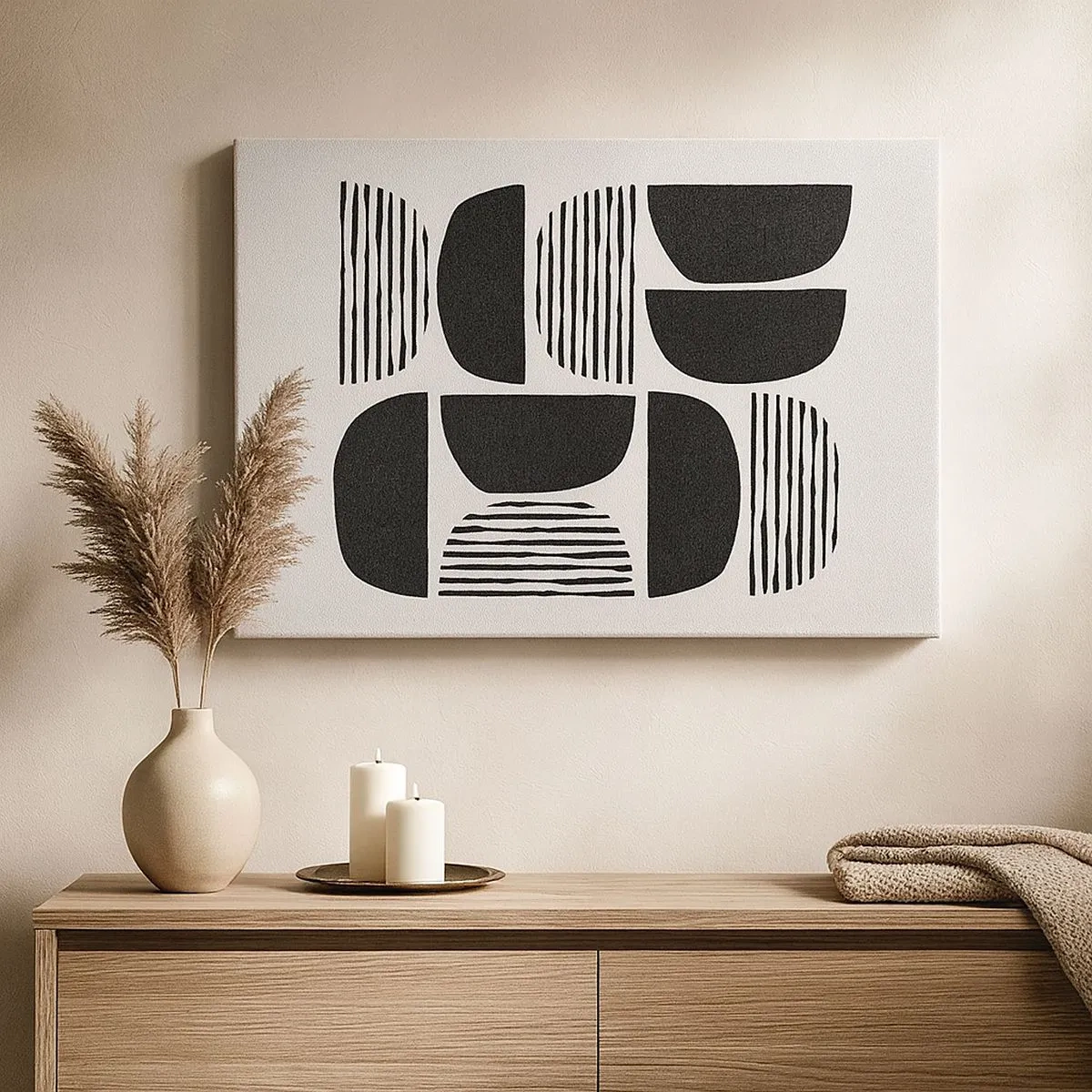 Quadro em tela - Geometria com semicírculos e linhas em preto sobre fundo claro - 70x50cm - Ofertas indiferentes - Decoração de parede moderna para a sala de estar e quarto ARTTOR