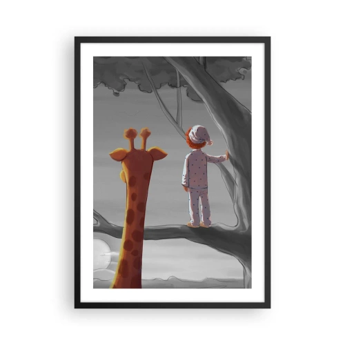 Pôster com moldura preta - Um menino de pijama e uma girafa em uma árvore em uma paisagem cinza e laranja. - 50x70cm - Isso está realmente acontecendo - Decoração de parede moderna para a sala de estar e quarto ARTTOR