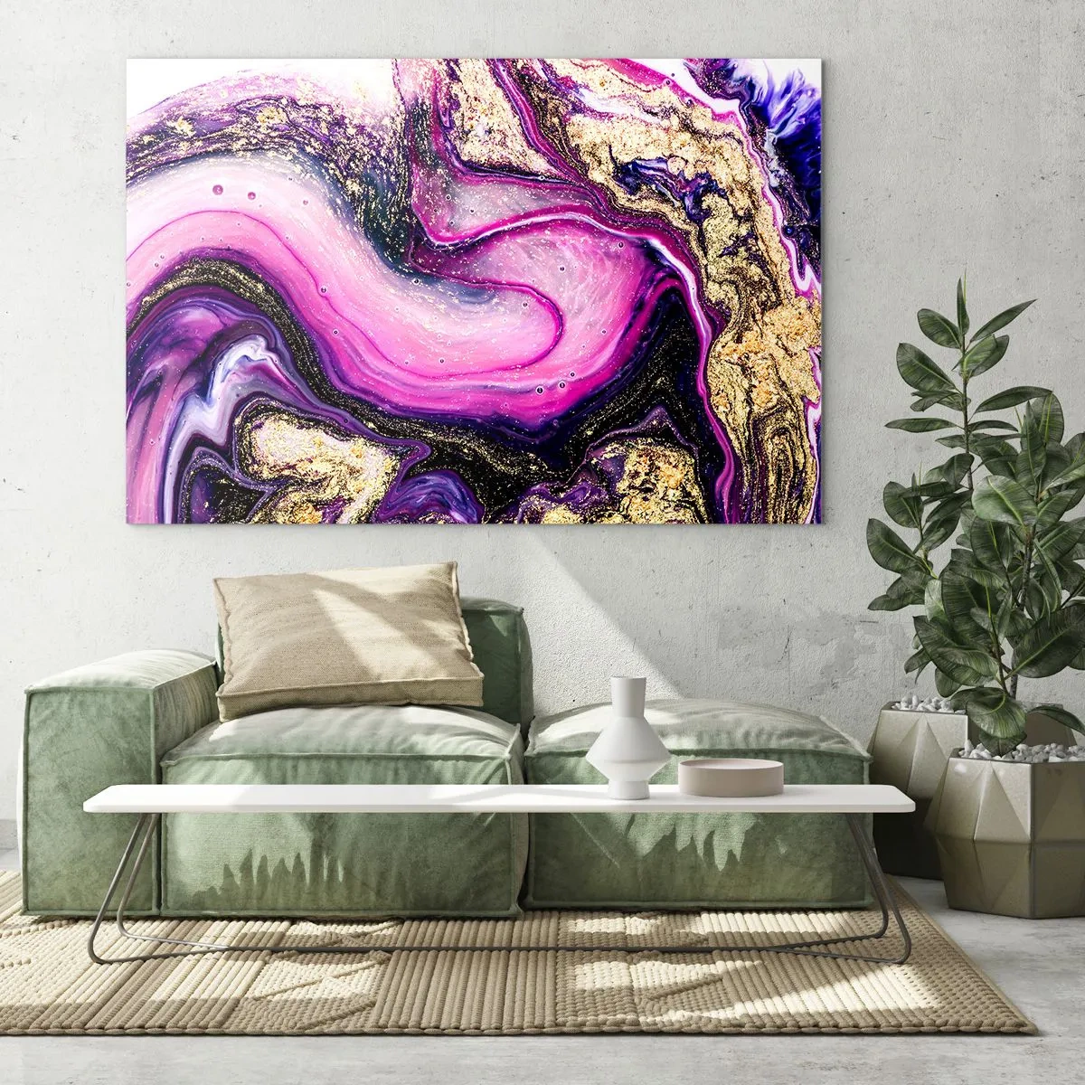 Quadro em vidro - Uma composição abstrata em tons de roxo e dourado. - 70x50cm - Um momento nos bastidores - Decoração de parede moderna para a sala de estar e quarto ARTTOR