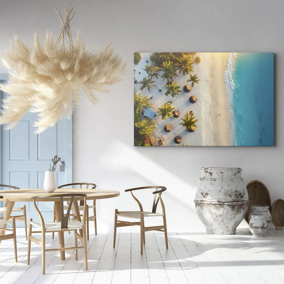 Quadro em tela - Vista de uma praia tropical com palmeiras e um mar azul-turquesa - 70x50cm - Bem vindo ao Paraíso - Decoração de parede moderna para a sala de estar e quarto ARTTOR