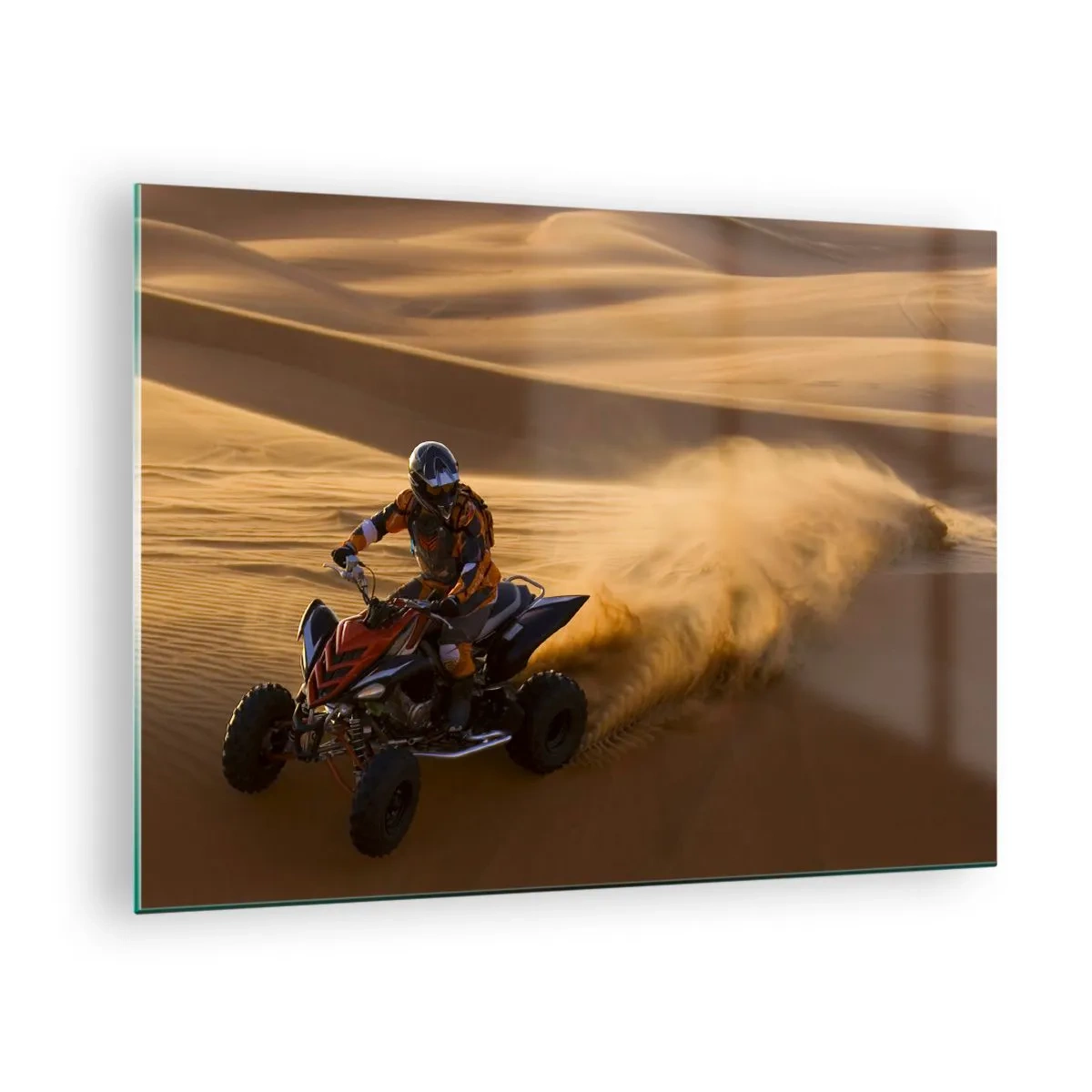 Quadro em vidro - ATV em ação no deserto ao pôr do sol - 70x50cm - Nas ondas de areia - Decoração de parede moderna para a sala de estar e quarto ARTTOR